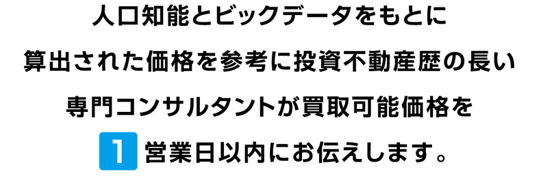 人口知能とビックデータをもとに算出された価格を参考に投資不動産歴の長い専門コンサルタントが買取可能価格を1営業日以内にお伝えします。